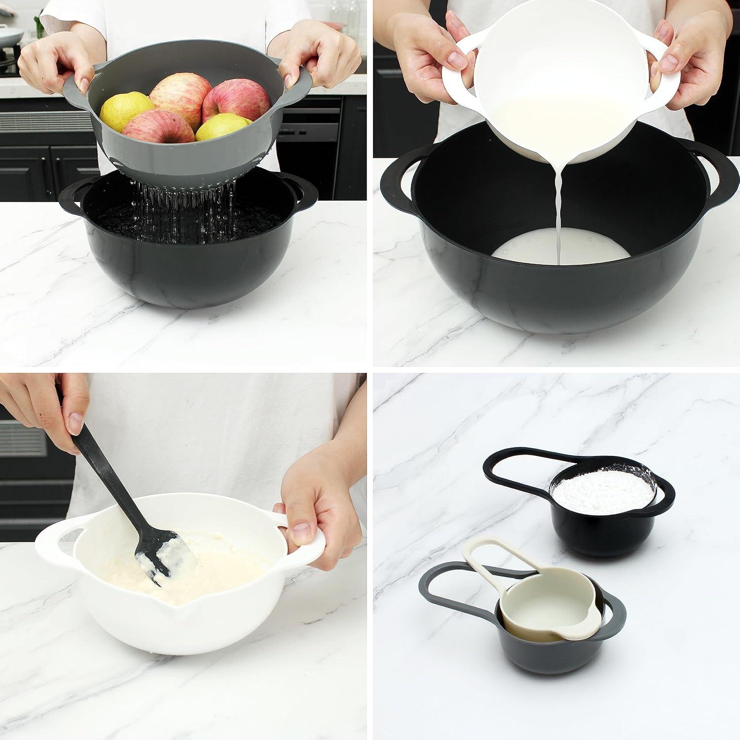 imageCOOK WITH COLOR Nesting Bowls with Measuring Cups Colander and Sifter Set  Includes Mixing Bowls Colander Sifter and Measuring Cups Blue Ombre 8 Pc BowlBlack