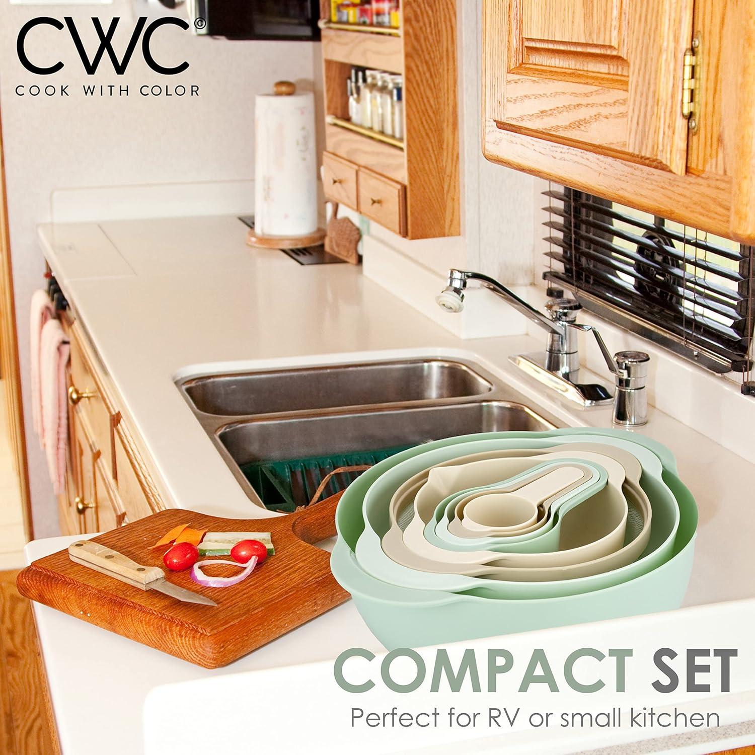 imageCOOK WITH COLOR Nesting Bowls with Measuring Cups Colander and Sifter Set  Includes Mixing Bowls Colander Sifter and Measuring Cups Blue Ombre 8 Pc BowlMint