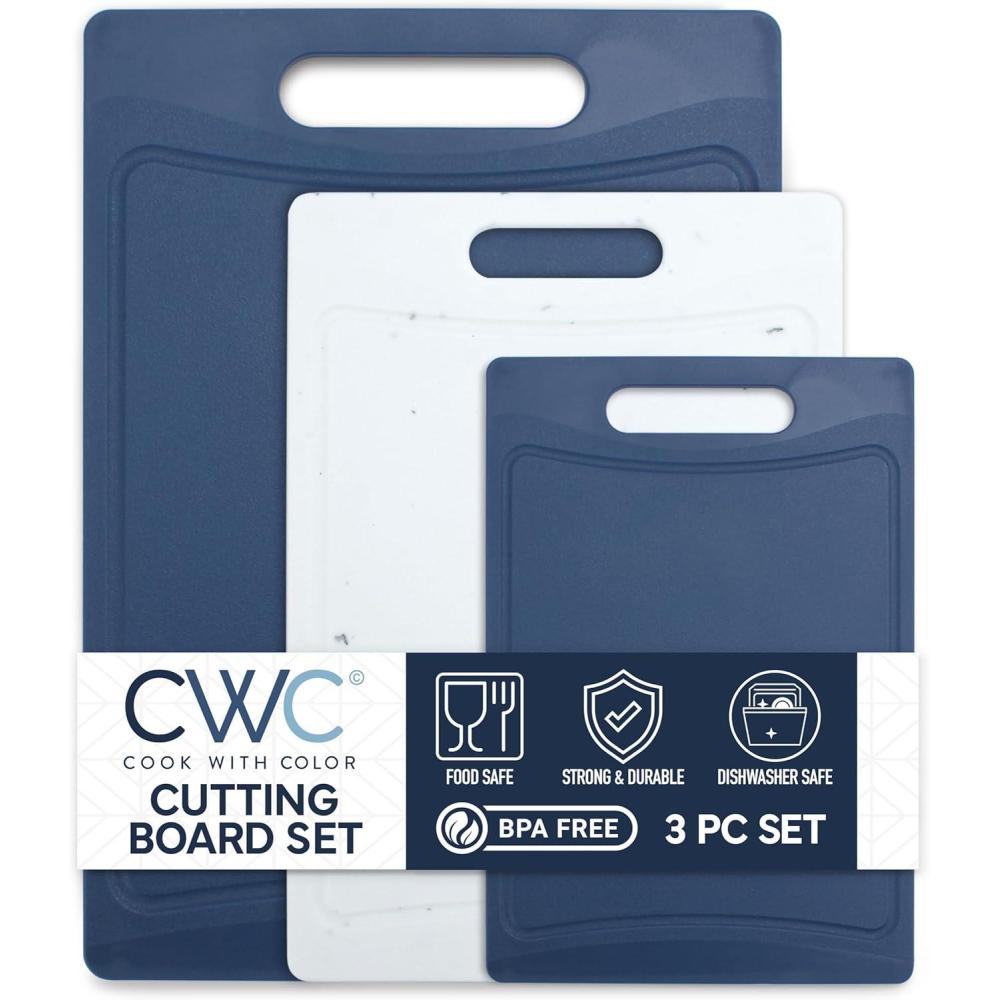 imageCOOK WITH COLOR NonSlip Cutting Board Set  Kitchen Essentials with Easy Grip Handle for Meat Veggies and Fruits 3 Cutting Boards TealBlue and White Marble