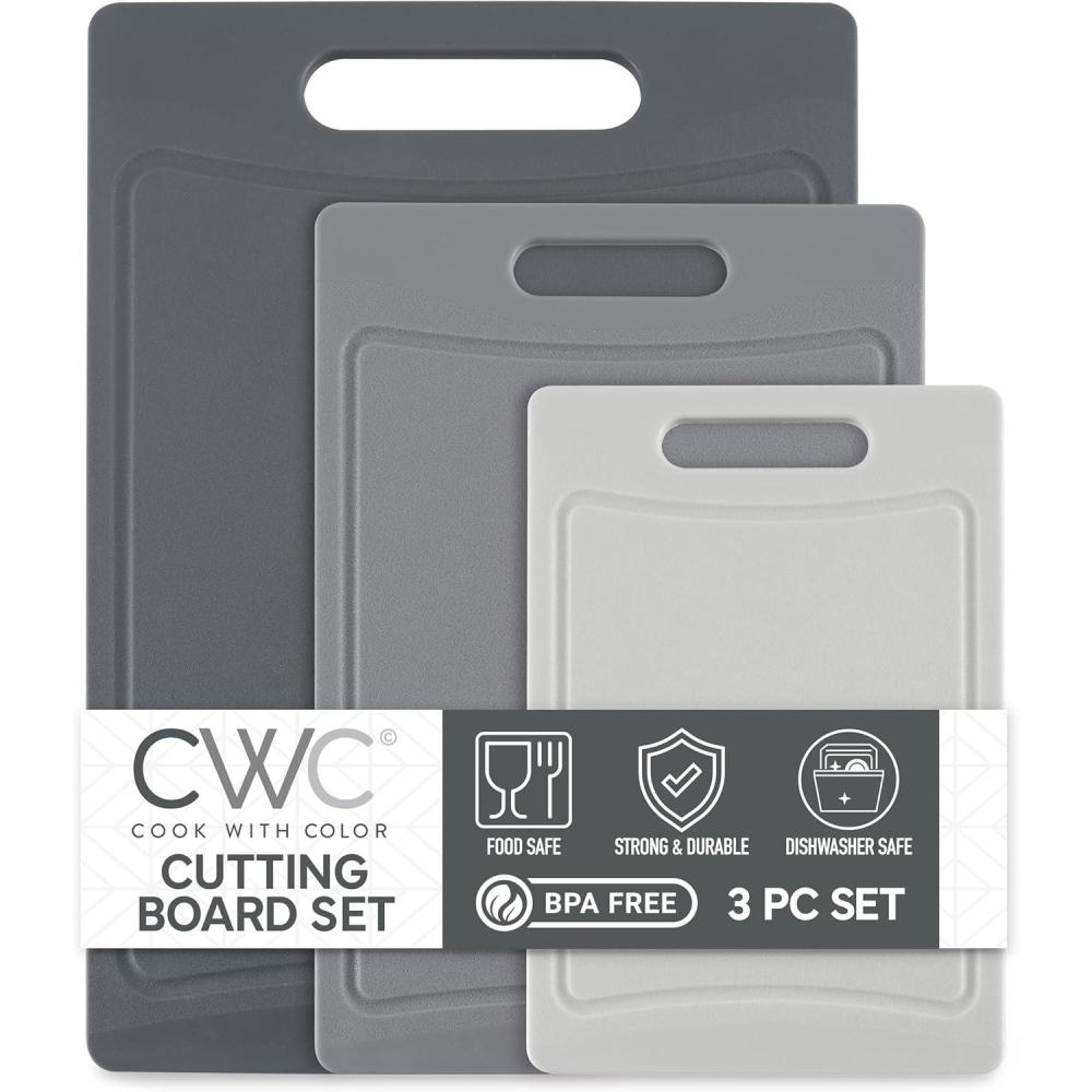 imageCOOK WITH COLOR NonSlip Cutting Board Set Kitchen Essentials with Easy Grip Handle for Meat Veggies and Fruits 3 Cutting Boards TealGray