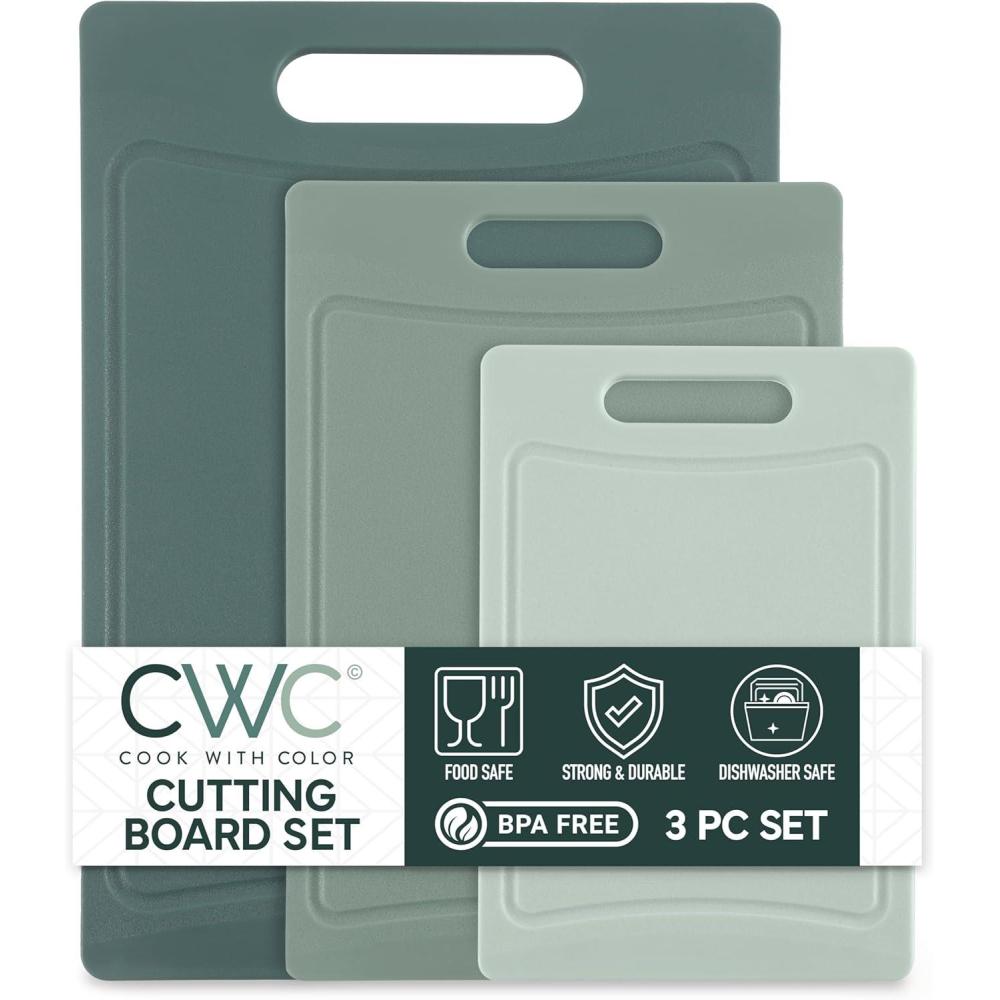 imageCOOK WITH COLOR NonSlip Cutting Board Set Kitchen Essentials with Easy Grip Handle for Meat Veggies and Fruits 3 Cutting Boards TealMint