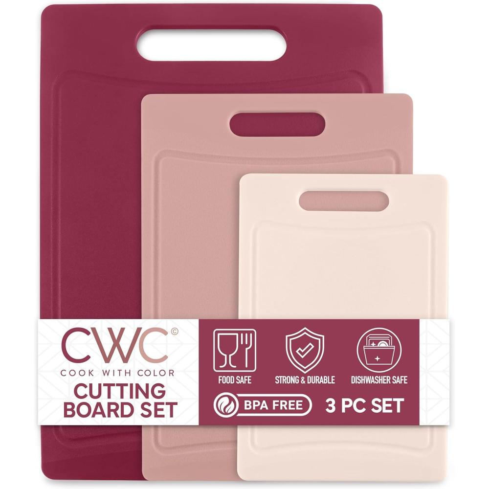 imageCOOK WITH COLOR NonSlip Cutting Board Set Kitchen Essentials with Easy Grip Handle for Meat Veggies and Fruits 3 Cutting Boards TealRose