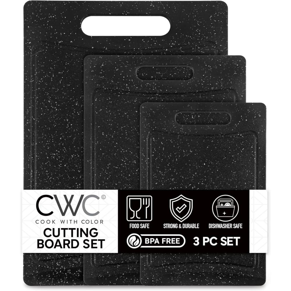 imageCOOK WITH COLOR NonSlip Cutting Board Set Kitchen Essentials with Easy Grip Handle for Meat Veggies and Fruits 3 Cutting Boards TealSpeckled Black