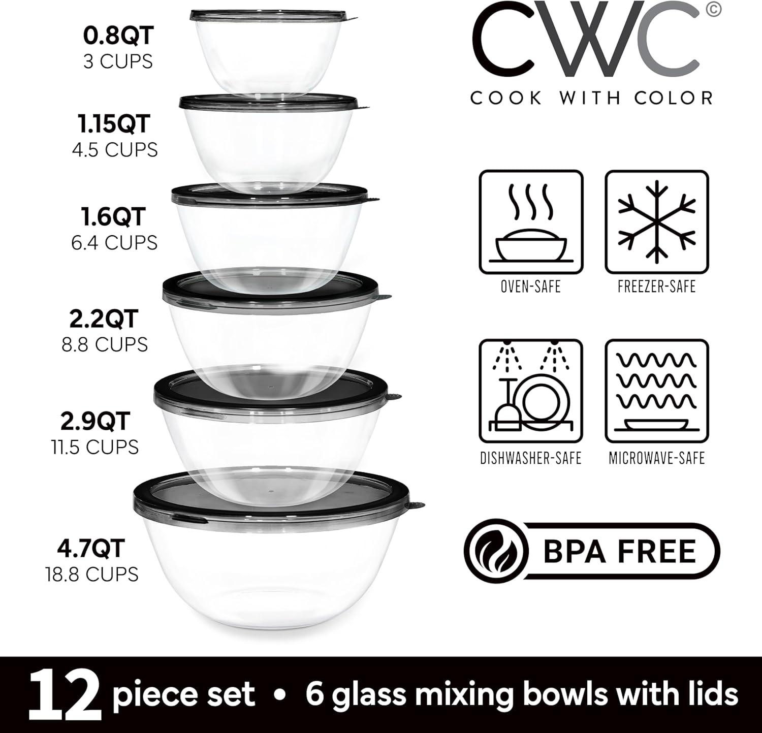 imageCOOK WITH COLOR 12 Pc Glass Mixing Bowl Set with Lids  Borosilicate Glass Nesting Bowls for Cooking Baking and Meal Prep Colored GreenBlack