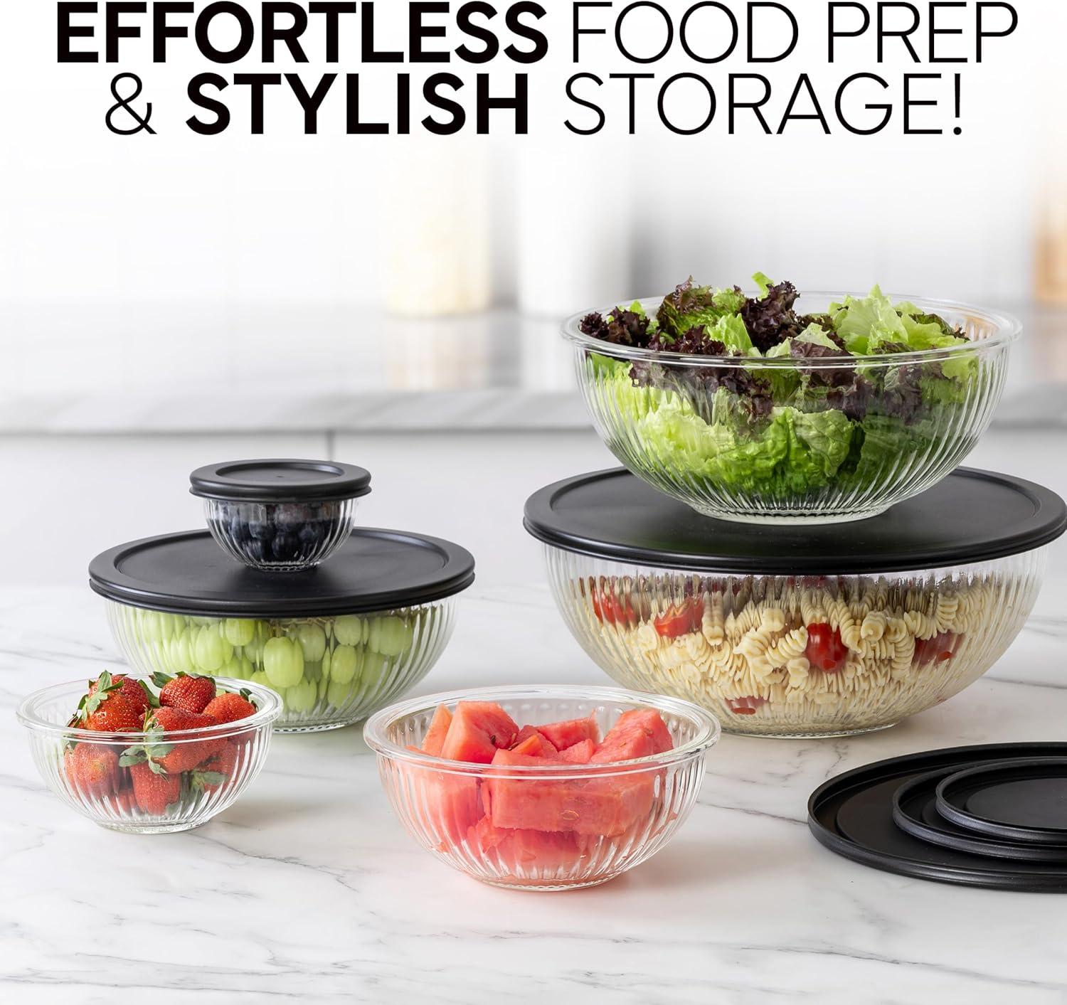 imageCOOK WITH COLOR 12 Pc Glass Mixing Bowl Set with Lids  Borosilicate Glass Nesting Bowls for Cooking Baking and Meal Prep Colored GreenFluted Black