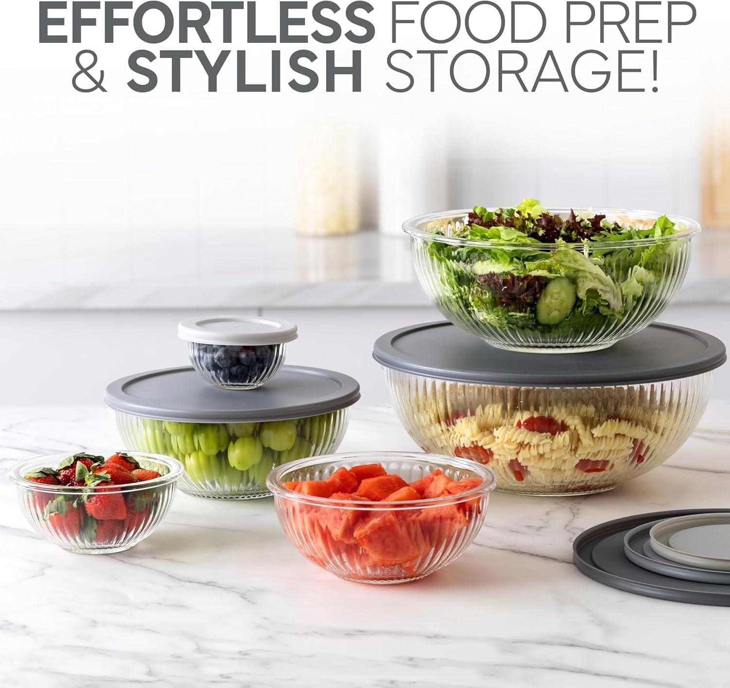 imageCOOK WITH COLOR 12 Pc Glass Mixing Bowl Set with Lids  Borosilicate Glass Nesting Bowls for Cooking Baking and Meal Prep Colored GreenFluted Grey