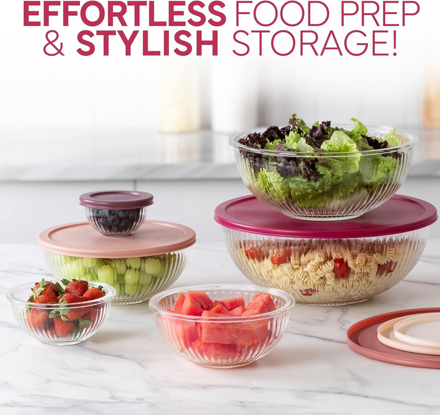 imageCOOK WITH COLOR 12 Pc Glass Mixing Bowl Set with Lids  Borosilicate Glass Nesting Bowls for Cooking Baking and Meal Prep Colored GreenFluted Rose