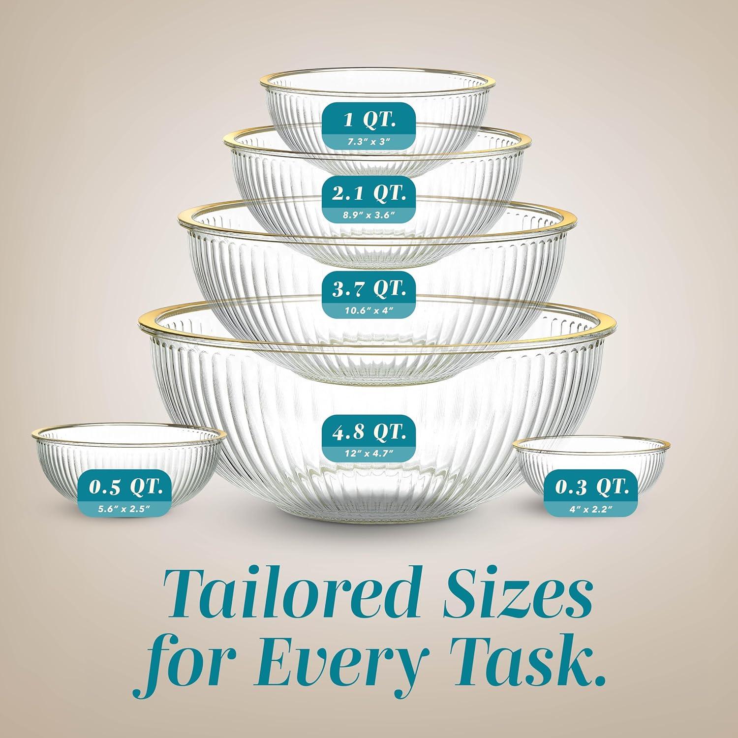 imageCOOK WITH COLOR 12 Pc Glass Mixing Bowl Set with Lids  Borosilicate Glass Nesting Bowls for Cooking Baking and Meal Prep Colored GreenFluted with Gold Rim