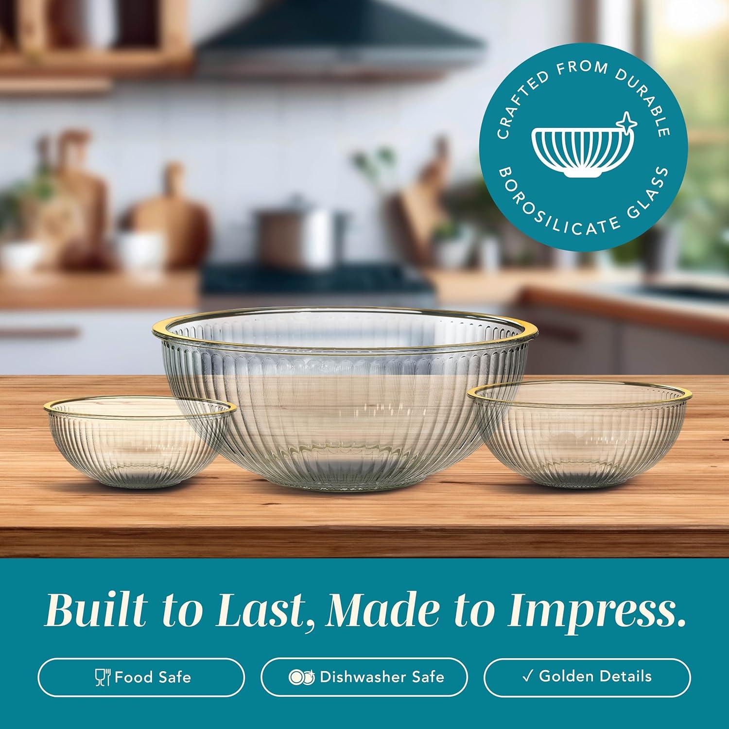 imageCOOK WITH COLOR 12 Pc Glass Mixing Bowl Set with Lids  Borosilicate Glass Nesting Bowls for Cooking Baking and Meal Prep Colored GreenFluted with Gold Rim