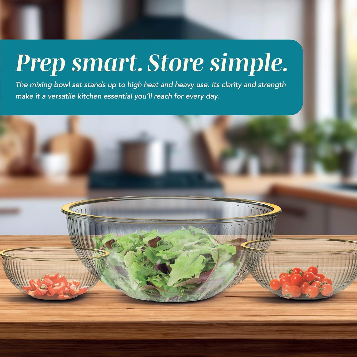 imageCOOK WITH COLOR 12 Pc Glass Mixing Bowl Set with Lids  Borosilicate Glass Nesting Bowls for Cooking Baking and Meal Prep Colored GreenFluted with Gold Rim