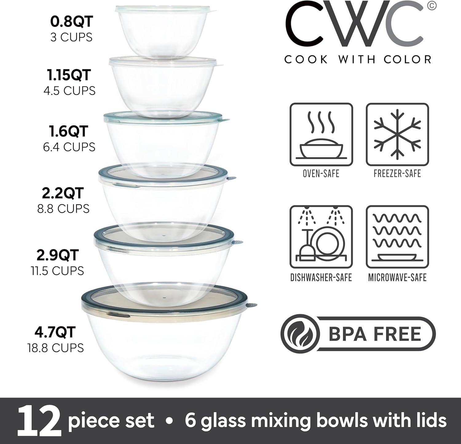 imageCOOK WITH COLOR 12 Pc Glass Mixing Bowl Set with Lids  Borosilicate Glass Nesting Bowls for Cooking Baking and Meal Prep Colored GreenGray