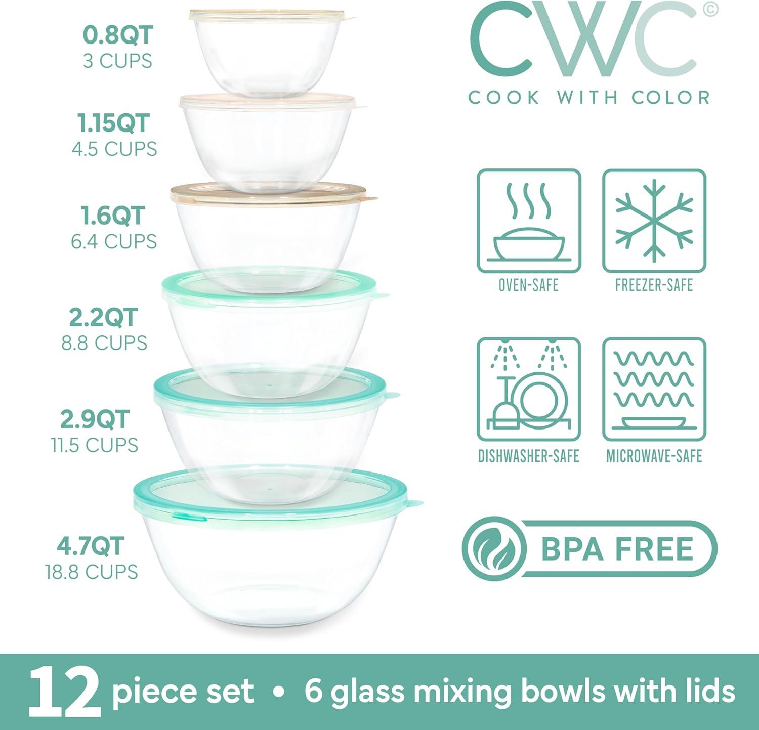 imageCOOK WITH COLOR 12 Pc Glass Mixing Bowl Set with Lids  Borosilicate Glass Nesting Bowls for Cooking Baking and Meal Prep Colored GreenMint