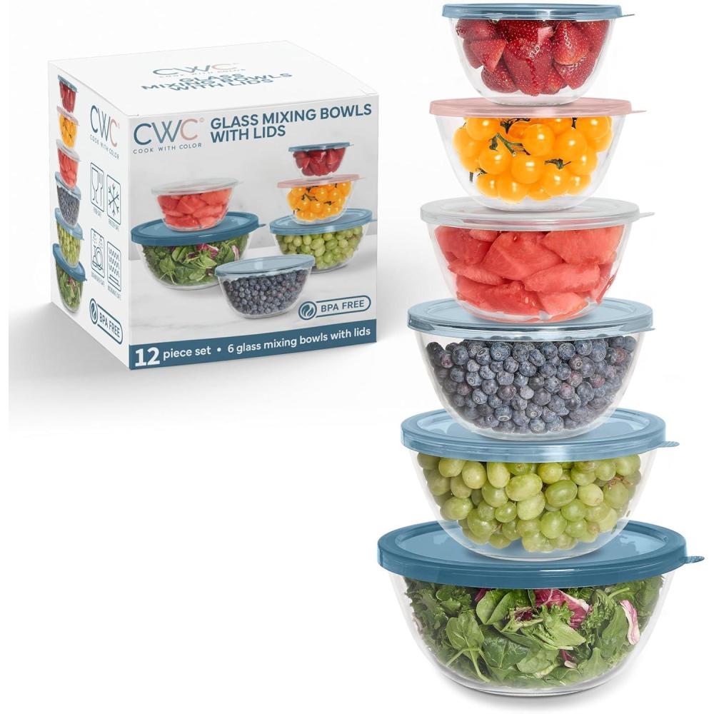 imageCOOK WITH COLOR 12 Pc Glass Mixing Bowl Set with Lids  Borosilicate Glass Nesting Bowls for Cooking Baking and Meal Prep Colored GreenBluePink