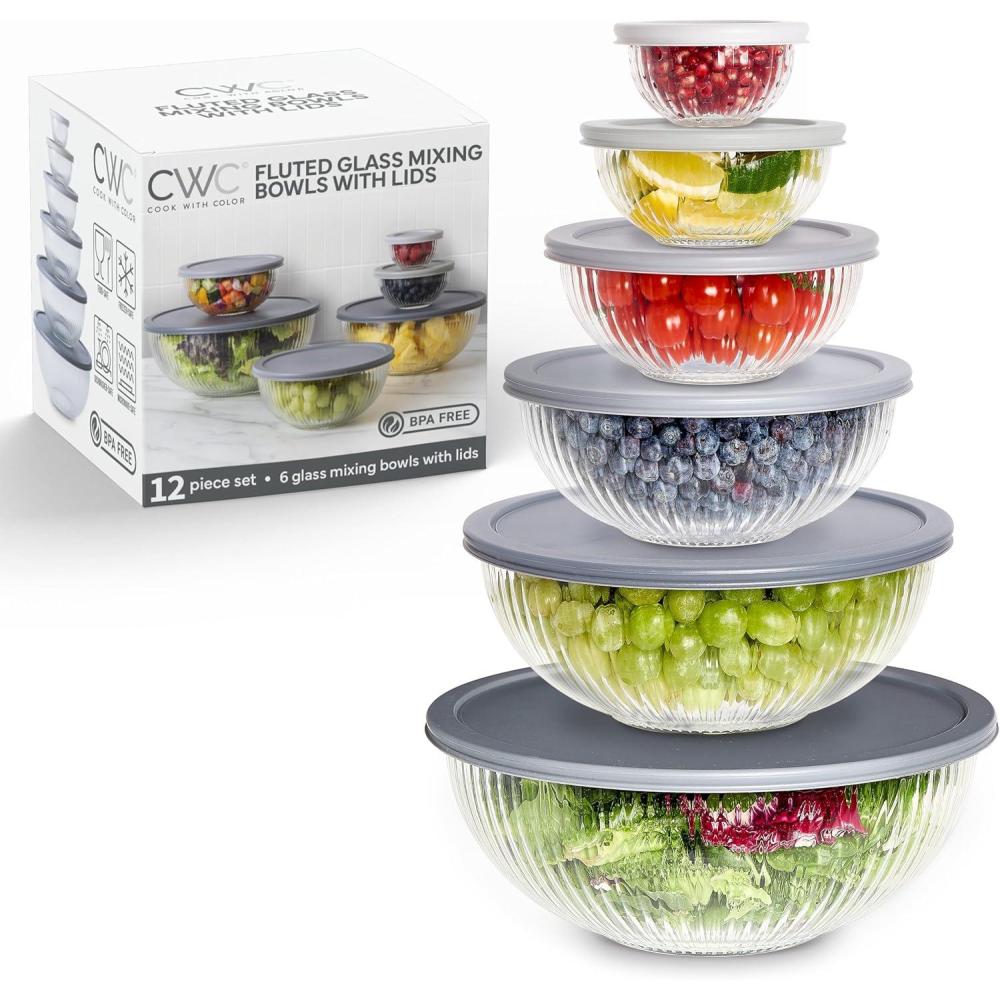 imageCOOK WITH COLOR 12 Pc Glass Mixing Bowl Set with Lids  Borosilicate Glass Nesting Bowls for Cooking Baking and Meal Prep Colored GreenFluted Grey