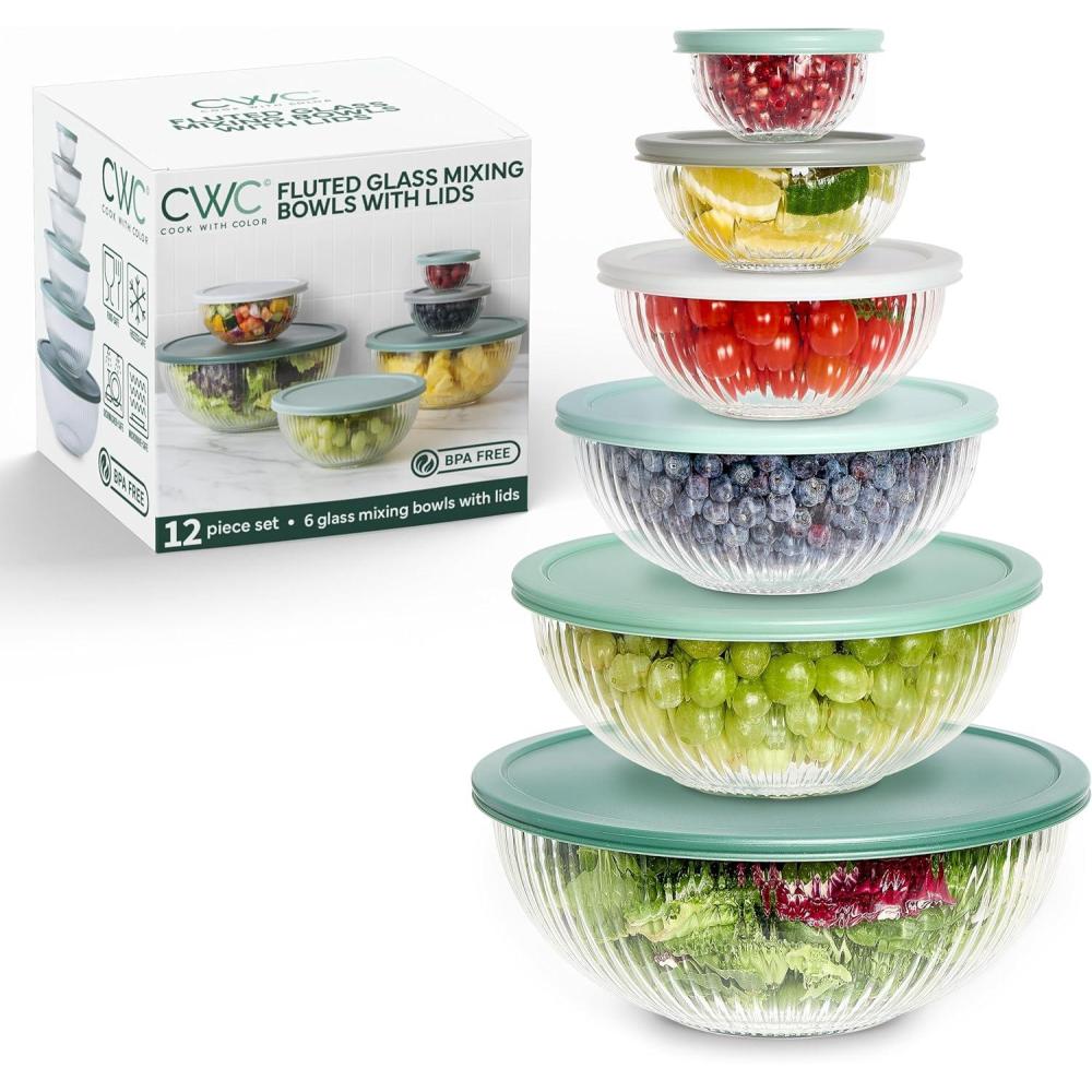 imageCOOK WITH COLOR 12 Pc Glass Mixing Bowl Set with Lids  Borosilicate Glass Nesting Bowls for Cooking Baking and Meal Prep Colored GreenFluted Sage