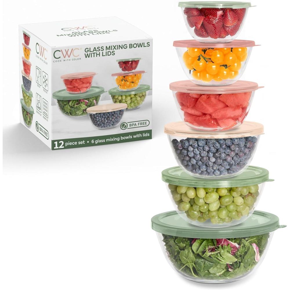 imageCOOK WITH COLOR 12 Pc Glass Mixing Bowl Set with Lids  Borosilicate Glass Nesting Bowls for Cooking Baking and Meal Prep Colored GreenMulticolor