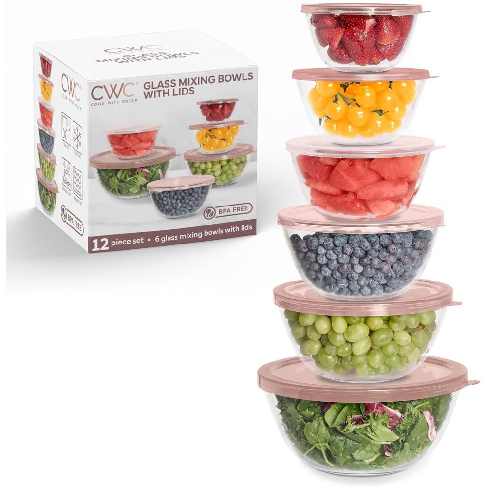 imageCOOK WITH COLOR 12 Pc Glass Mixing Bowl Set with Lids  Borosilicate Glass Nesting Bowls for Cooking Baking and Meal Prep Colored GreenPink