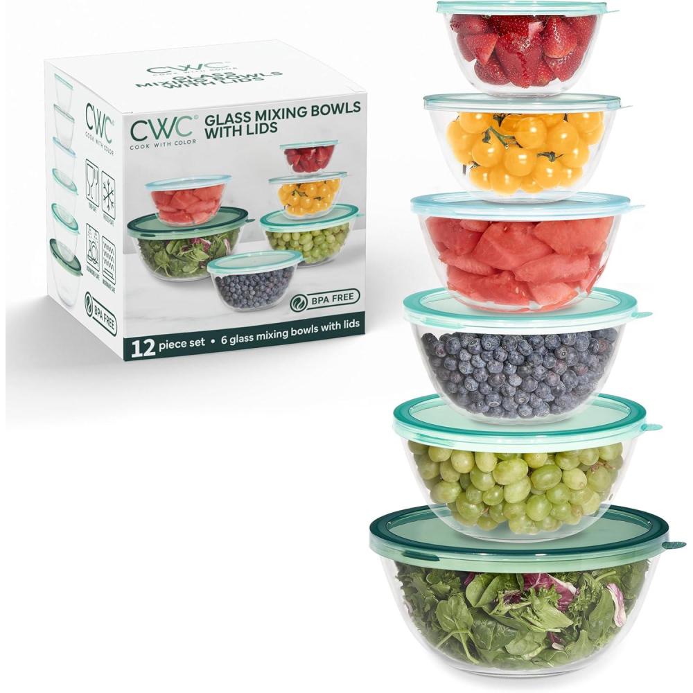 imageCOOK WITH COLOR 12 Pc Glass Mixing Bowl Set with Lids  Borosilicate Glass Nesting Bowls for Cooking Baking and Meal Prep Colored GreenSage
