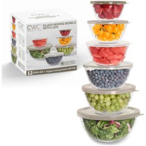 COOK WITH COLOR 12 Pc Glass Mixing Bowl Set with Lids – Borosilicate Glass Nesting Bowls for Cooking, Baking and Meal Prep, Colored Green(Brown)