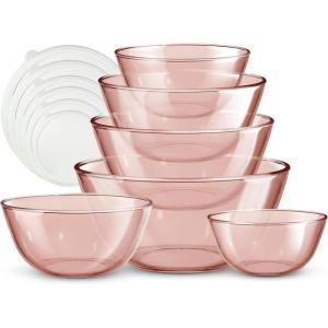 COOK WITH COLOR 12 Pc Glass Mixing Bowl Set with Lids – Borosilicate Glass Nesting Bowls for Cooking, Baking and Meal Prep, Colored Green(Colored Pink)