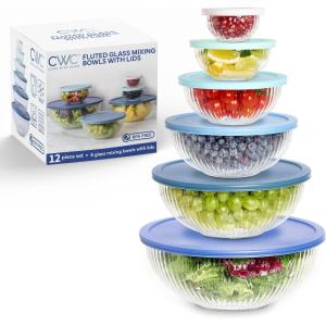 COOK WITH COLOR 12 Pc Glass Mixing Bowl Set with Lids – Borosilicate Glass Nesting Bowls for Cooking, Baking and Meal Prep, Colored Green(Fluted Blue)
