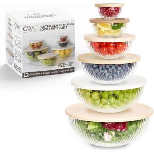 COOK WITH COLOR 12 Pc Glass Mixing Bowl Set with Lids – Borosilicate Glass Nesting Bowls for Cooking, Baking and Meal Prep, Colored Green(Fluted Brown)