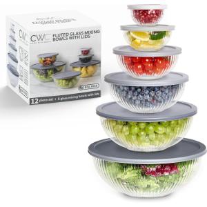 COOK WITH COLOR 12 Pc Glass Mixing Bowl Set with Lids – Borosilicate Glass Nesting Bowls for Cooking, Baking and Meal Prep, Colored Green(Fluted Grey)