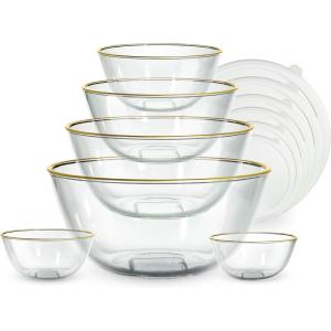 COOK WITH COLOR 12 Pc Glass Mixing Bowl Set with Lids – Borosilicate Glass Nesting Bowls for Cooking, Baking and Meal Prep, Colored Green(Gold Rim)