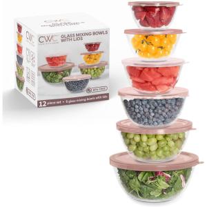 COOK WITH COLOR 12 Pc Glass Mixing Bowl Set with Lids – Borosilicate Glass Nesting Bowls for Cooking, Baking and Meal Prep, Colored Green(Pink)