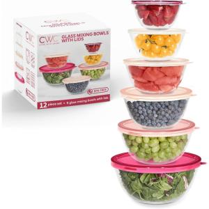 COOK WITH COLOR 12 Pc Glass Mixing Bowl Set with Lids – Borosilicate Glass Nesting Bowls for Cooking, Baking and Meal Prep, Colored Green(Rose)