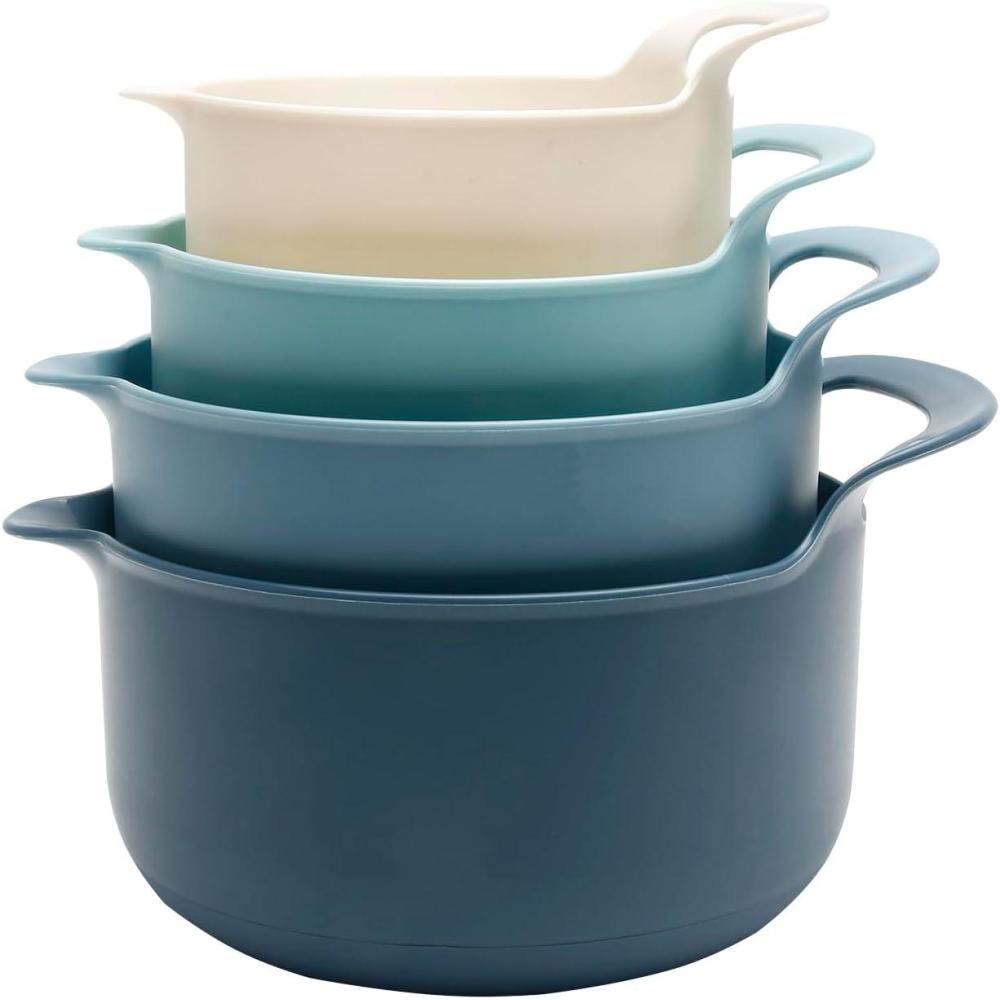 imageCOOK WITH COLOR Nesting Plastic Mixing Bowl Set with Pour Spouts and Handles Mint Black and White 4 PieceBlue