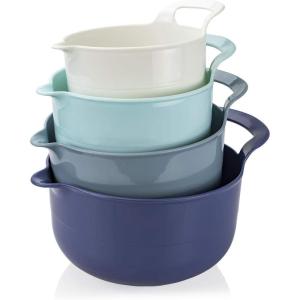 COOK WITH COLOR Nesting Plastic Mixing Bowl Set with Pour Spouts and Handles, Mint, Black and White, 4 Piece(Ombre Blue)