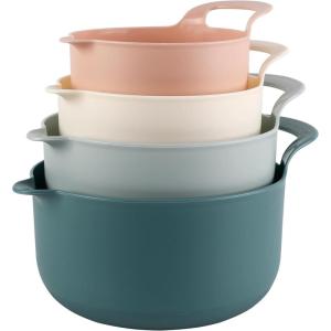 COOK WITH COLOR Nesting Plastic Mixing Bowl Set with Pour Spouts and Handles, Mint, Black and White, 4 Piece(Teal and Pink)