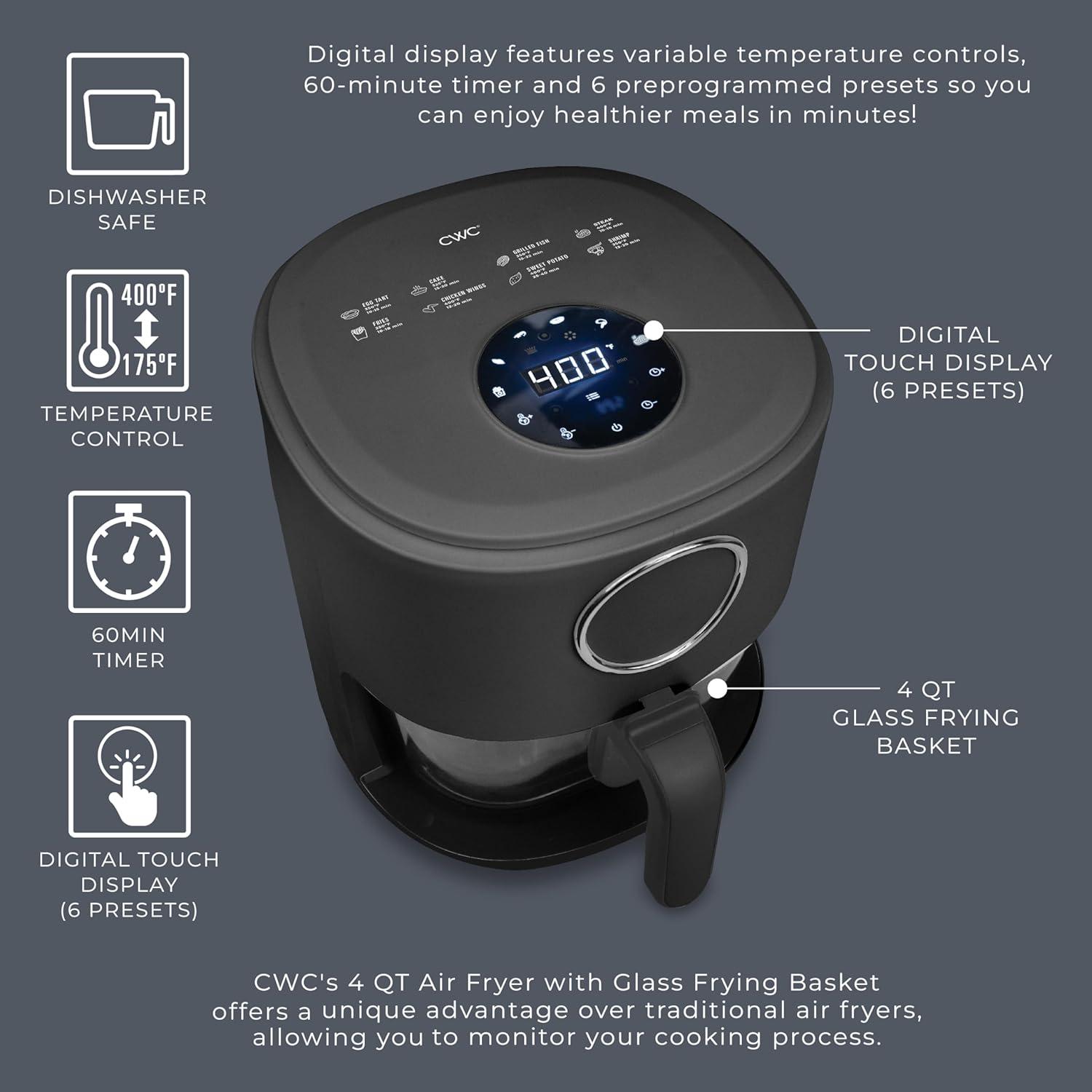 imageCOOK WITH COLOR Colorful 1200W 4Qt Air Fryer Glass Basket Dishwasher Safe 60min Timer 6 Presets Temp Control 175F400F 4 QT BlackBlack