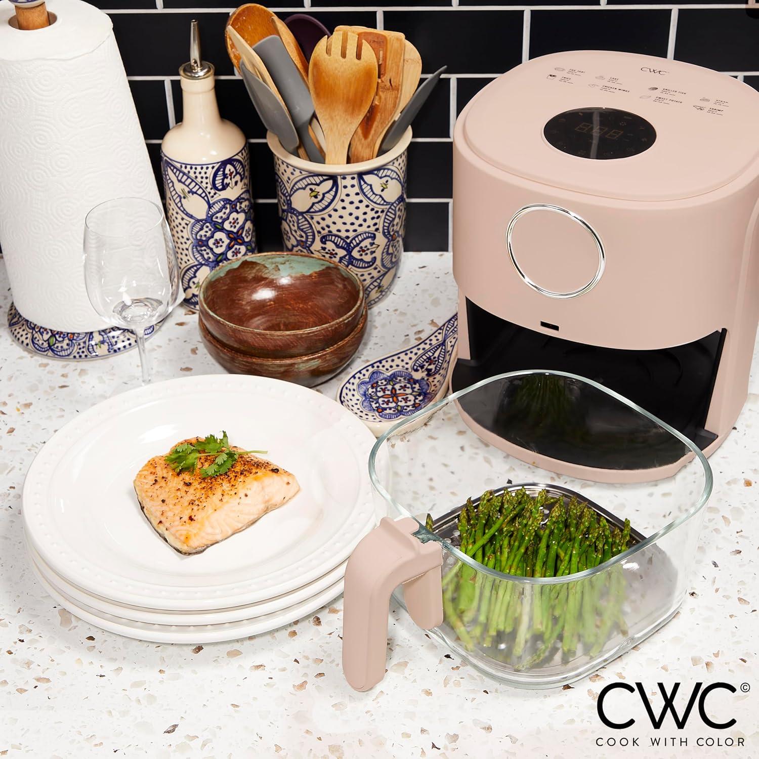 imageCOOK WITH COLOR Colorful 1200W 4Qt Air Fryer Glass Basket Dishwasher Safe 60min Timer 6 Presets Temp Control 175F400F 4 QT BlackDusty Rose