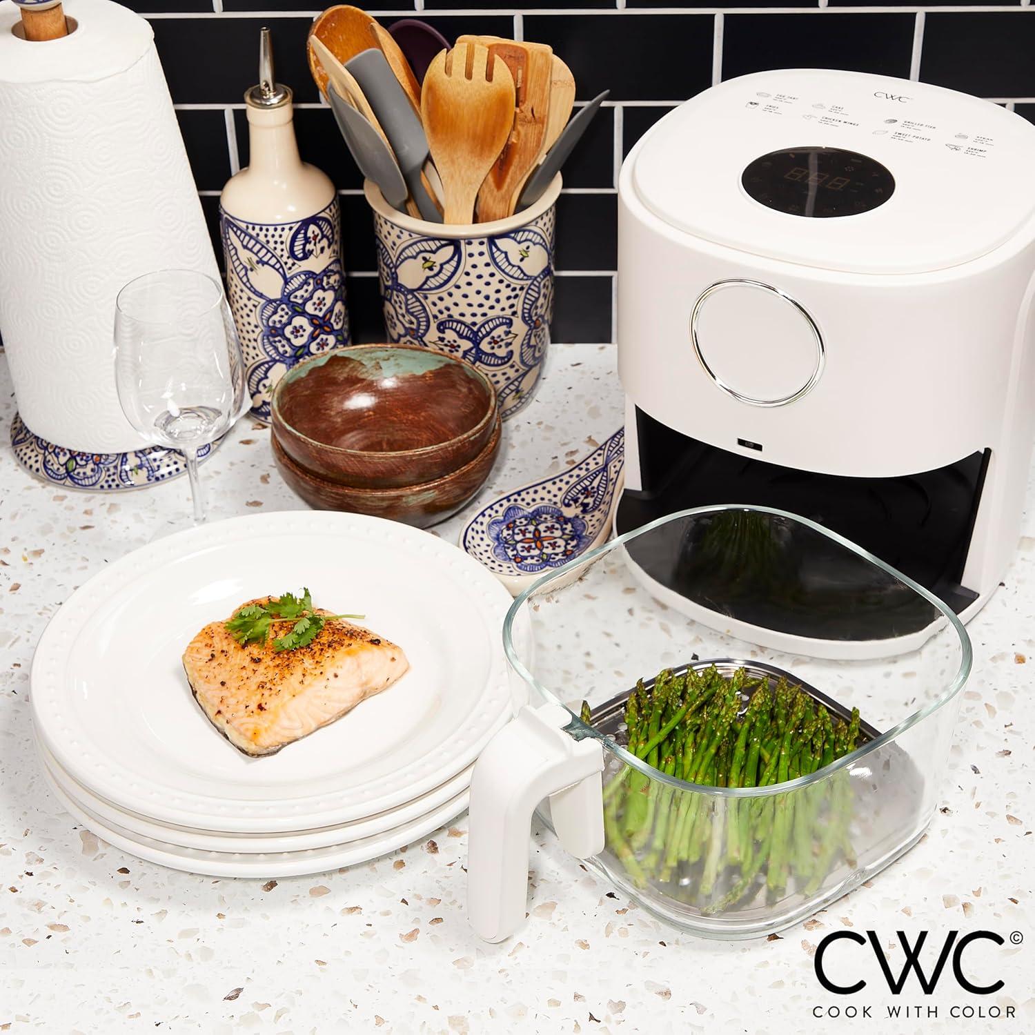 imageCOOK WITH COLOR Colorful 1200W 4Qt Air Fryer Glass Basket Dishwasher Safe 60min Timer 6 Presets Temp Control 175F400F 4 QT BlackLinen White