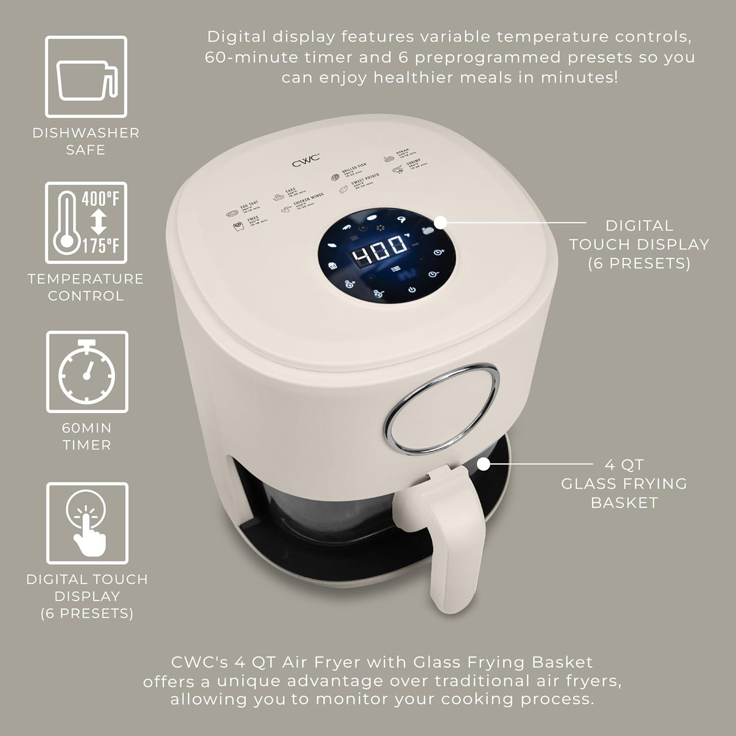 imageCOOK WITH COLOR Colorful 1200W 4Qt Air Fryer Glass Basket Dishwasher Safe 60min Timer 6 Presets Temp Control 175F400F 4 QT BlackLinen White