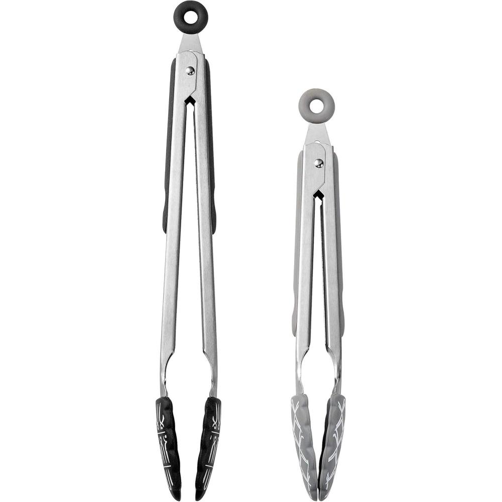 imageCOOK WITH COLOR Stainless Steel Silicone Tipped Kitchen ampamp BBQ Tongs Set 2 Pc Tongs BlueBlack and White Collection
