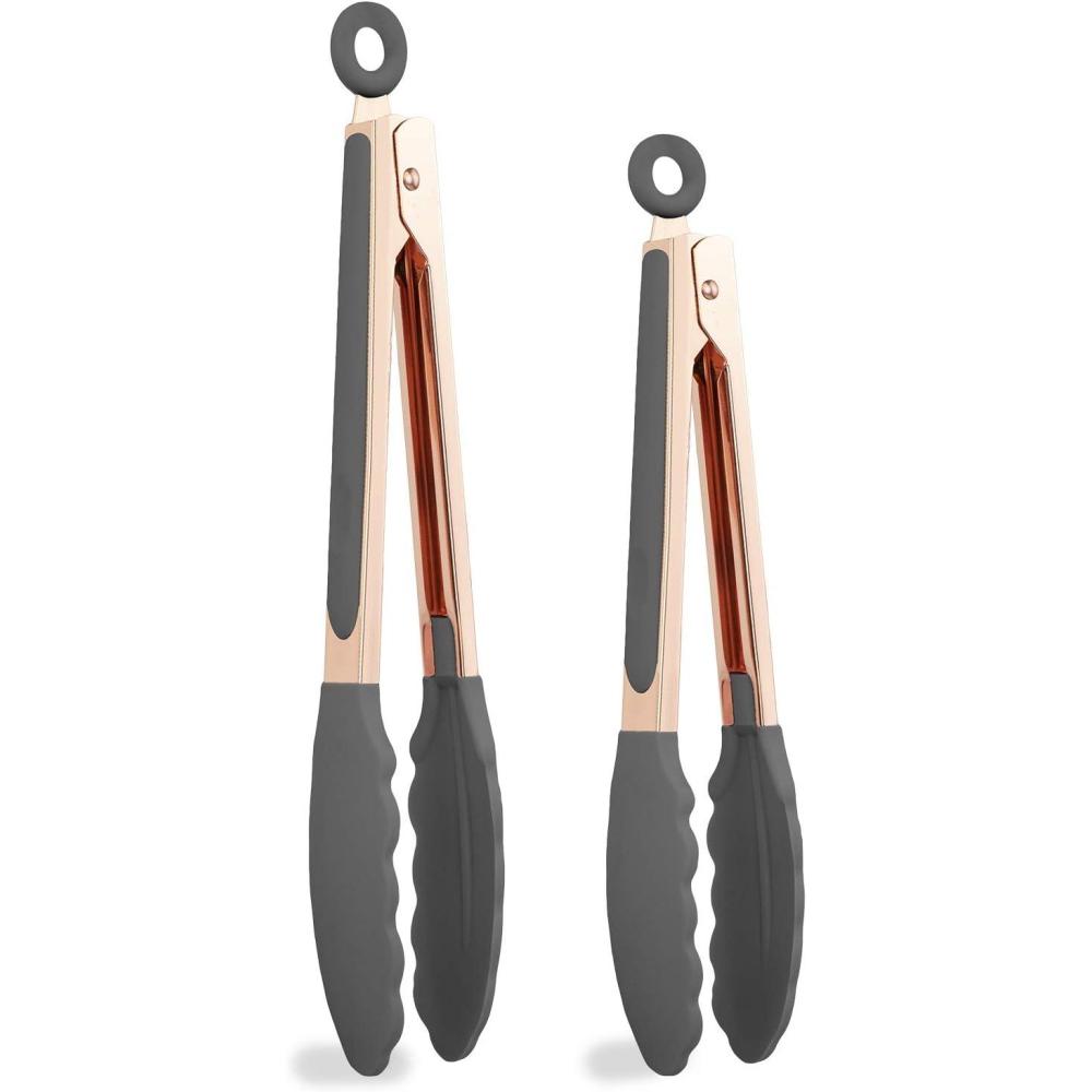 imageCOOK WITH COLOR Stainless Steel Silicone Tipped Kitchen ampamp BBQ Tongs Set 2 Pc Tongs BlueCharcoal