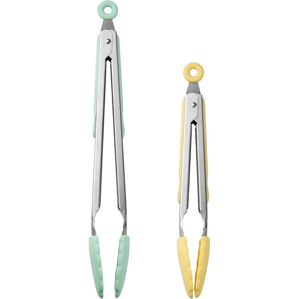 imageCOOK WITH COLOR Stainless Steel Silicone Tipped Kitchen ampamp BBQ Tongs Set 2 Pc Tongs BlueLemon Collection