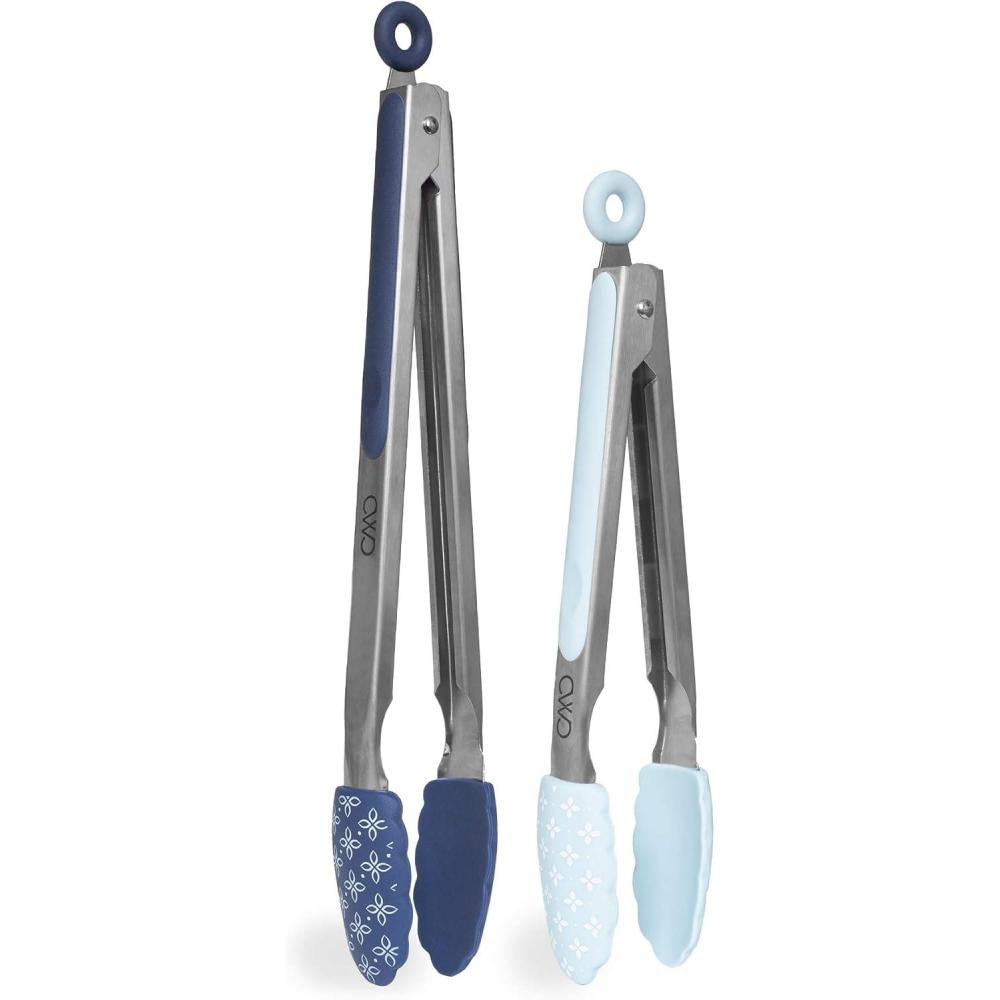 imageCOOK WITH COLOR Stainless Steel Silicone Tipped Kitchen ampamp BBQ Tongs Set 2 Pc Tongs BlueSpring Collection
