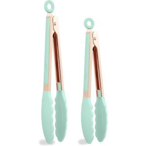 COOK WITH COLOR Stainless Steel Silicone Tipped Kitchen & BBQ Tongs Set, 2 Pc Tongs, Blue(Rose Gold and Mint)