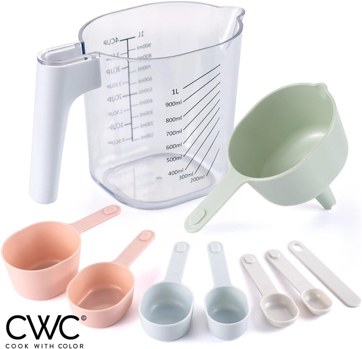 image:imageCOOK WITH COLOR Measuring Cup Set 9 PC Nesting Stackable Liquid Measure Cup Dry Measuring Cups and Spoons with Funnel and Scraper Multi ColoredPastel