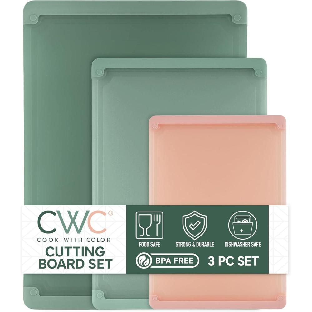 image:imageCOOK WITH COLOR Extra Large Cutting Board Set JumboSized Boards with Rubber Border for Enhanced Cooking Experience 3Piece GreyBlue Teal Solid