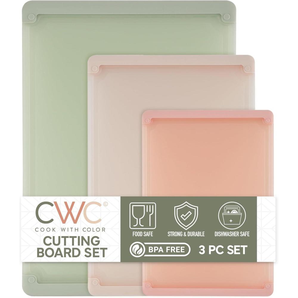 image:imageCOOK WITH COLOR Extra Large Cutting Board Set JumboSized Boards with Rubber Border for Enhanced Cooking Experience 3Piece GreySagePink