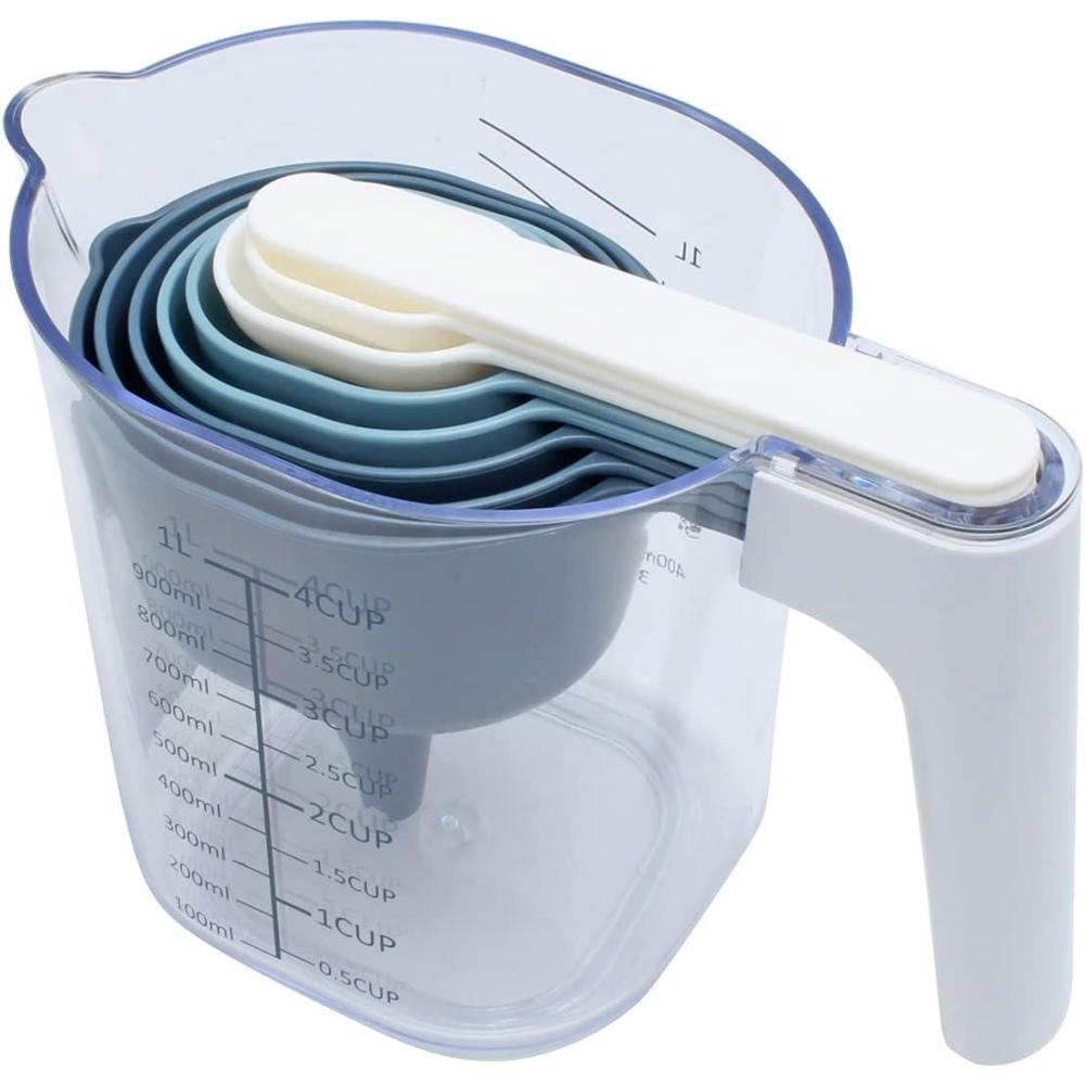 image:imageCOOK WITH COLOR Measuring Cup Set 9 PC Nesting Stackable Liquid Measure Cup Dry Measuring Cups and Spoons with Funnel and Scraper Multi ColoredBlue Ombre