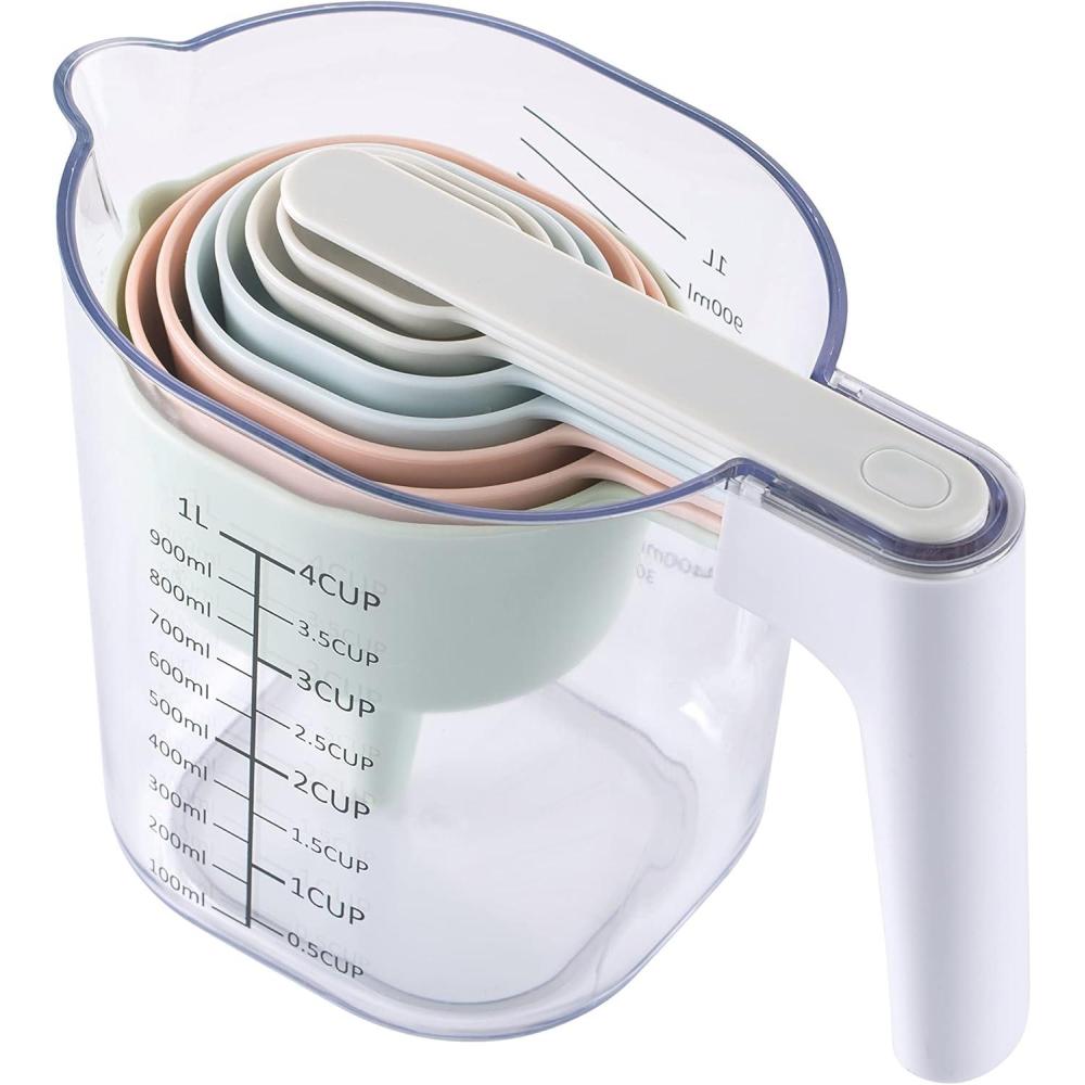 image:imageCOOK WITH COLOR Measuring Cup Set 9 PC Nesting Stackable Liquid Measure Cup Dry Measuring Cups and Spoons with Funnel and Scraper Multi ColoredPastel