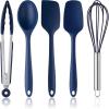 COOK WITH COLOR Silicone Cooking Utensils, Kitchen Utensil Set, Easy to Clean Silicone Kitchen Utensils, Cooking Utensils for Nonstick Cookware, Kitchen Gadgets Set, 5 Pc, Navy with Stainless Steel(Navy)