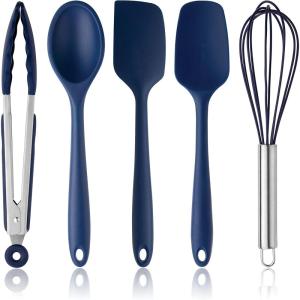 COOK WITH COLOR Silicone Cooking Utensils, Kitchen Utensil Set, Easy to Clean Silicone Kitchen Utensils, Cooking Utensils for Nonstick Cookware, Kitchen Gadgets Set, 5 Pc, Navy with Stainless Steel(Navy)