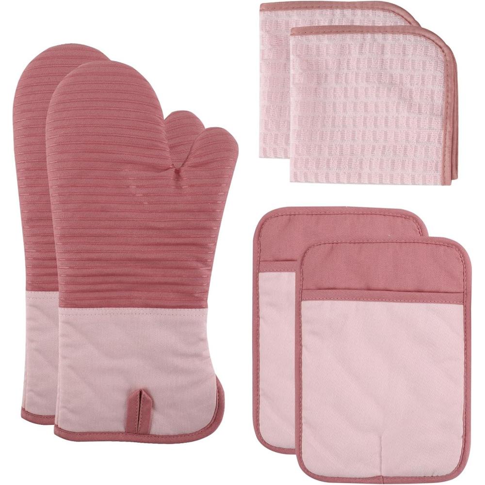 image:imageCOOK WITH COLOR Silicone Oven Mitts Heat Resistant Gloves with Soft Quilted Lining Oven Mitt Pot Holders for Cooking and BBQ Black Oven MittPink